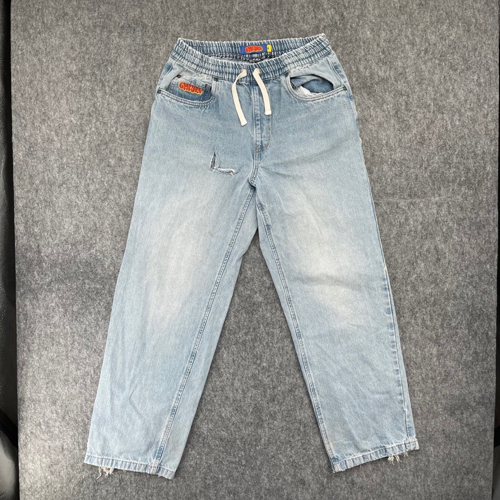 Empyre Jeans Mens Small Loose Fit Skate Light Wash Elastic Waist Blue Denim